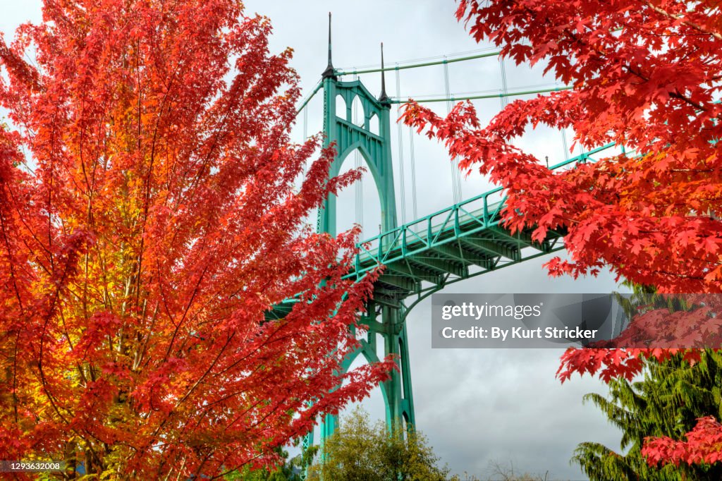 Gothic Architecture Style Suspension Bridge Framed By Red Leaves