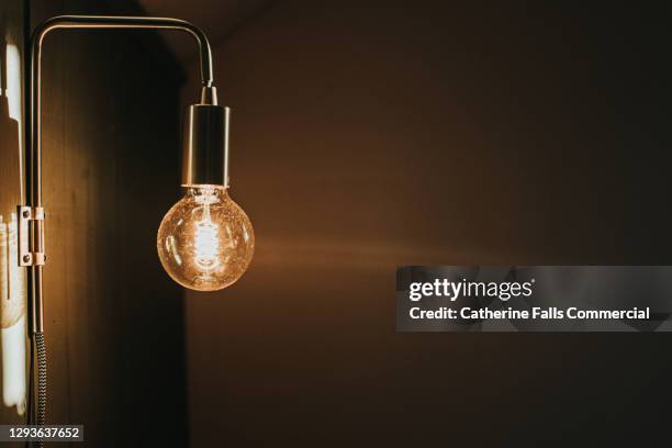 large exposed wall mounted lightbulb - filamento fotografías e imágenes de stock