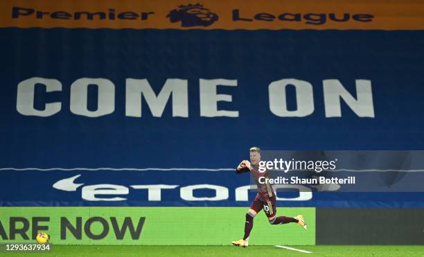 Ezgjan Alioski of Leeds United celebrates after scoring their team's second goal during the Premier League match between West Bromwich Albion and...