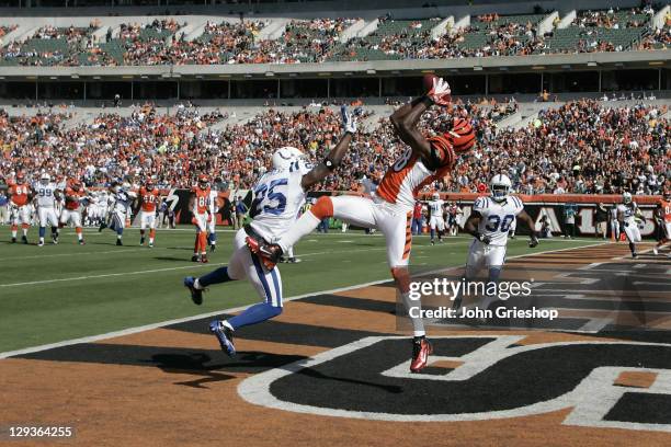 Green of the Cincinnati Bengals makes a touchdown catch against Jerraud Powers of the Indianapolis Colts during their game at Paul Brown Stadium on...