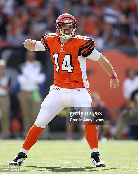 Andy Dalton of the Cincinnati Bengals celebrates after a touchdown during the NFL game against the Indianapolis Colts at Paul Brown Stadium on...