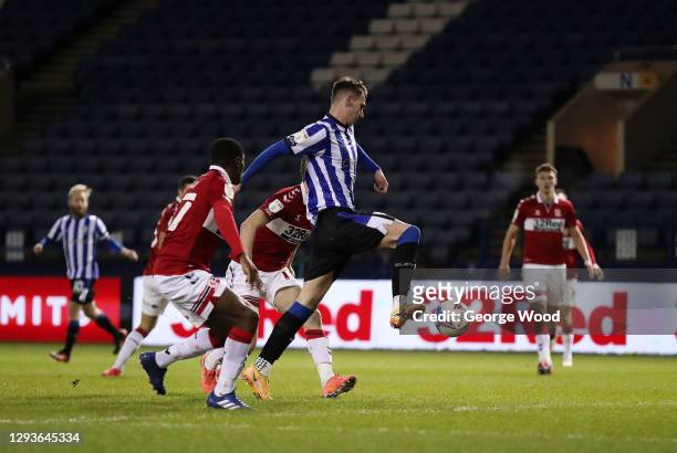 Liam Shaw of Sheffield Wednesday scores his team's second goal during the Sky Bet Championship match between Sheffield Wednesday and Middlesbrough at...