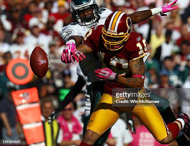 Dominque Rodgers-Cromartie of the Philadelphia Eagles breaks up a pass intended for wide receiver Jabar Gaffney of the Washington Redskins at...