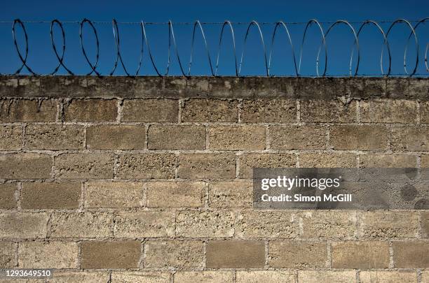 old concrete brick wall topped with coiled razor wire - mexico wall stock pictures, royalty-free photos & images