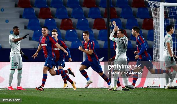 Oscar Duarte of Levante UD celebrates after scoring his team's first goal during the La Liga Santander match between Levante UD and Real Betis at...