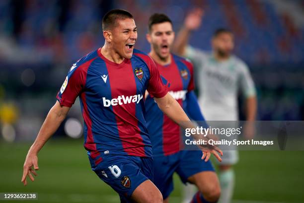 Oscar Duarte of Levante UD celebrates after scoring his team's first goal during the La Liga Santander match between Levante UD and Real Betis at...