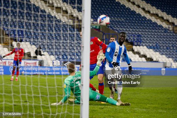 Naby Sarr of Huddersfield Town scores the winning goal during the Sky Bet Championship match between Huddersfield Town and Blackburn Rovers at John...