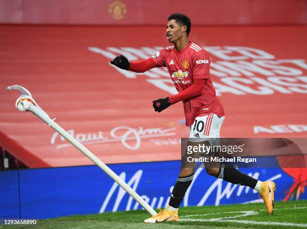 Marcus Rashford of Manchester United celebrates after scoring his team's first goal during the Premier League match between Manchester United and...