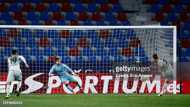 Sergio Canales of Real Betis scores a penalty for his team's second goal during the La Liga Santander match between Levante UD and Real Betis at...