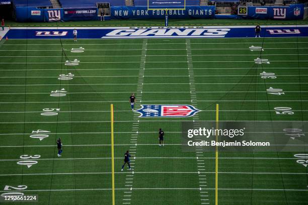 General wide view of the field and NFL logo at midfield ahead of a game between the New York Giants and Pittsburgh Steelers at MetLife Stadium on...