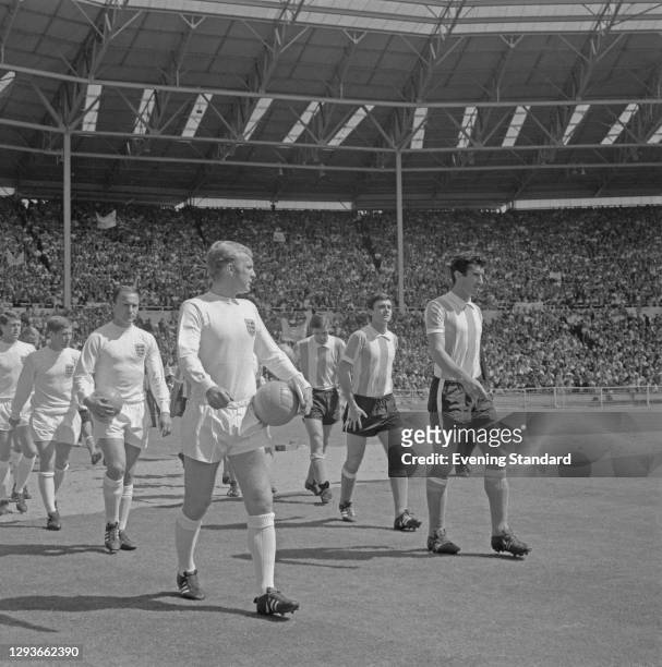 England plays Argentina in the quarter-finals of the World Cup at Wembley Stadium, London, UK, 23rd July 1966. England captain Bobby Moore is at the...