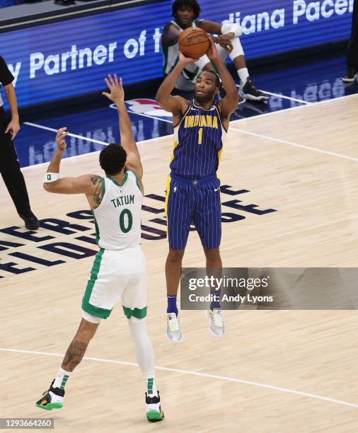 Warren of the Indiana Pacers shoots the ball against the Boston Celtics at Bankers Life Fieldhouse on December 27, 2020 in Indianapolis, Indiana....