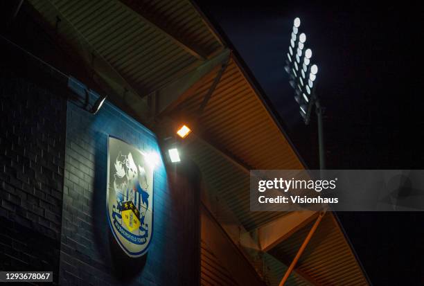 General view of the Huddersfield United club crest on the front of the John Smith's Stadium during the Sky Bet Championship match between...