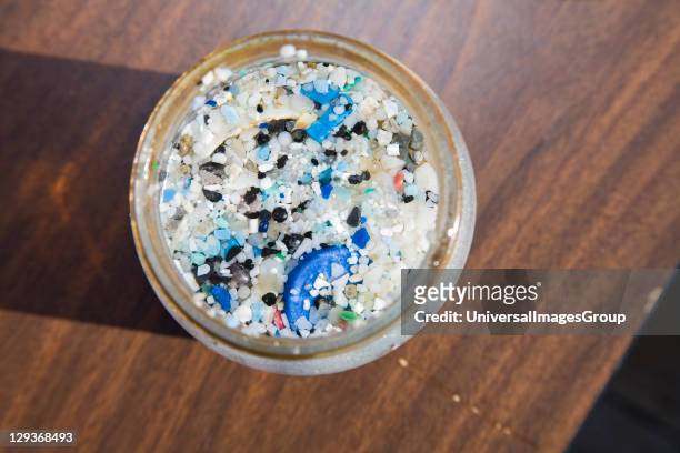 Plastic sample jars. The ORV Alguita returns to Long beach after four months at sea sampling the waters of the great Pacific garbage patch' in the...