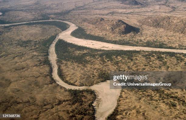 Environment. Aerial view over dried up river.