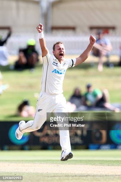 Neil Wagner of New Zealand celebrates his wicket of Fawad Alam of Pakistan during day five of the First Test match in the series between New Zealand...