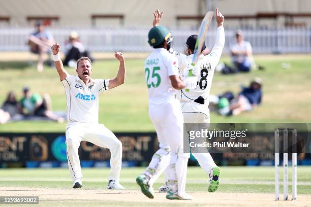 Neil Wagner of New Zealand celebrates his wicket of Fawad Alam of Pakistan during day five of the First Test match in the series between New Zealand...