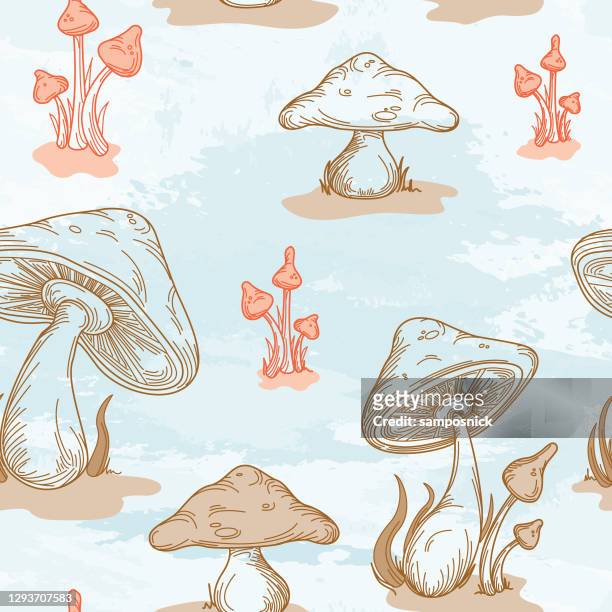 stockillustraties, clipart, cartoons en iconen met retro 1970's mushroom naadloos patroon - eetbare paddenstoel