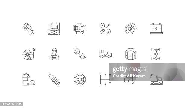 ilustraciones, imágenes clip art, dibujos animados e iconos de stock de servicio de coche, pistón, elevador de coche, motor de coche, mantenimiento, freno de disco, iconos de batería - mechanical drawing car