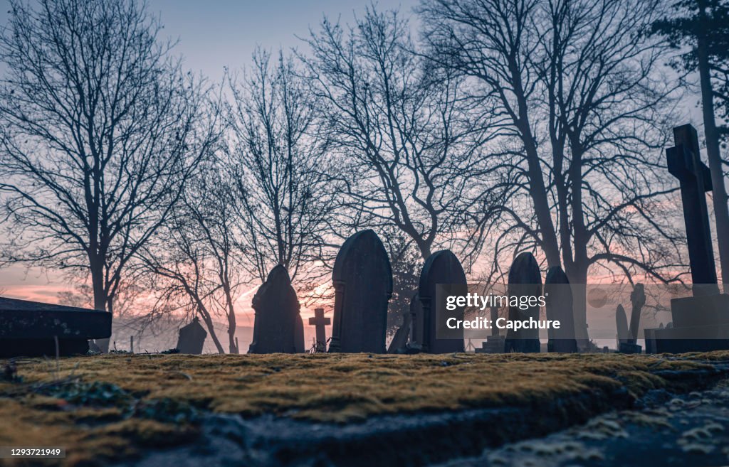 Headstones in a misty graveyard.