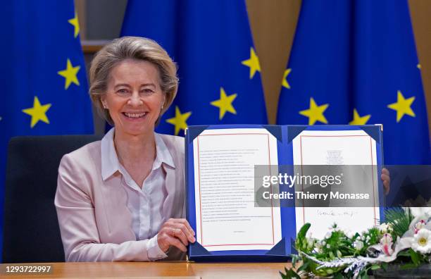 President of the European Commission Ursula von der Leyen attends a Brexit signature ceremony in the Europa building, the EU Council headquarters on...