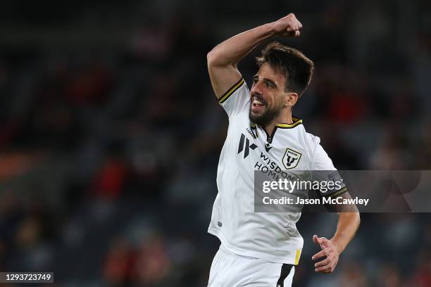 Benat Etxebarria of Macarthur FC celebrates scoring a goal during the A-League match between the Western Sydney Wanderers and Macarthur FC at...