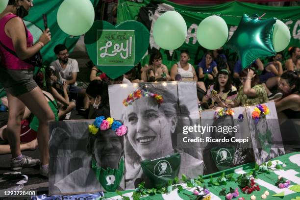 Sanctuary dedicated to Eva Peron is erect by pro-choice protesters outside the National Congress on December 30, 2020 in Buenos Aires, Argentina. The...