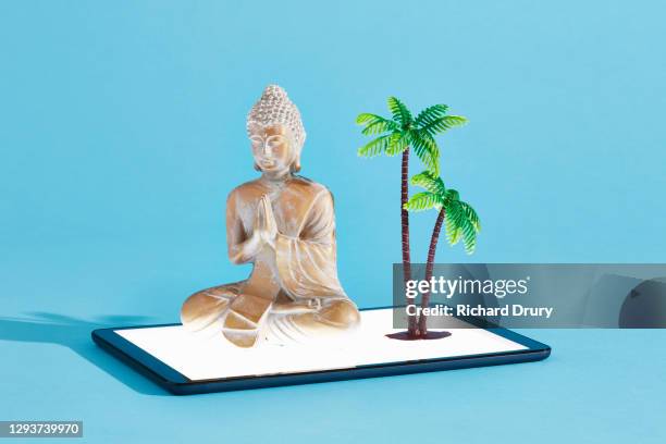 a buddha figurine and palm tree on a digital tablet - virtual vacations stock pictures, royalty-free photos & images