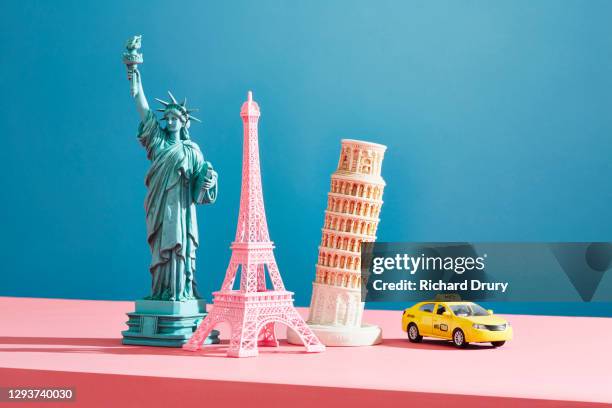 a collection of travel souvenirs - travel arrangement stock pictures, royalty-free photos & images