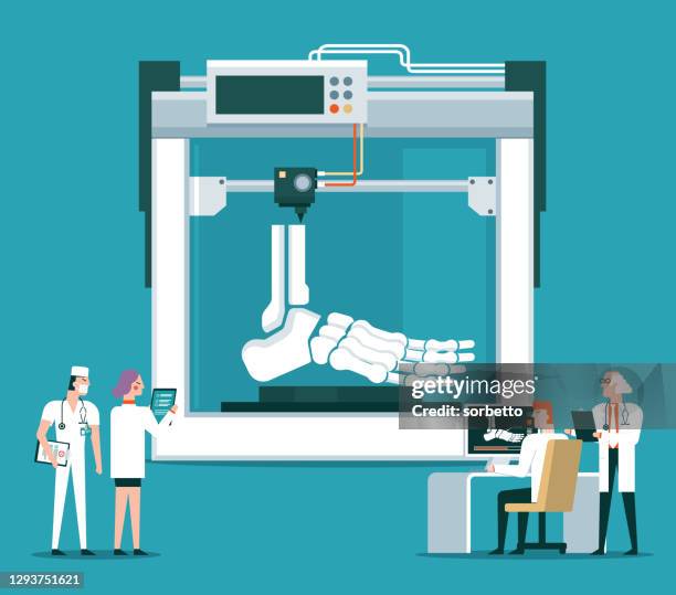 bioprinter concept - human skeleton - operating model stock illustrations