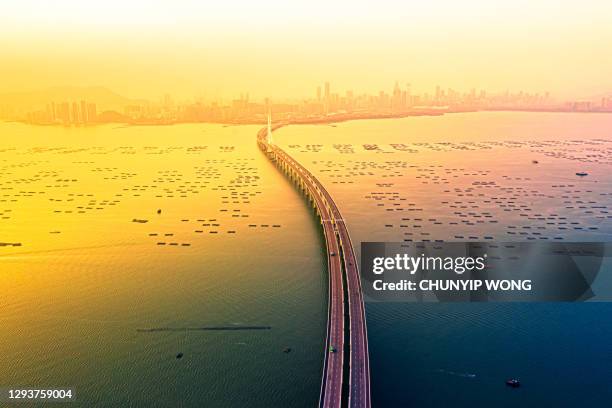 aerial view of shenzhen bay bridge - shenzhen stock pictures, royalty-free photos & images