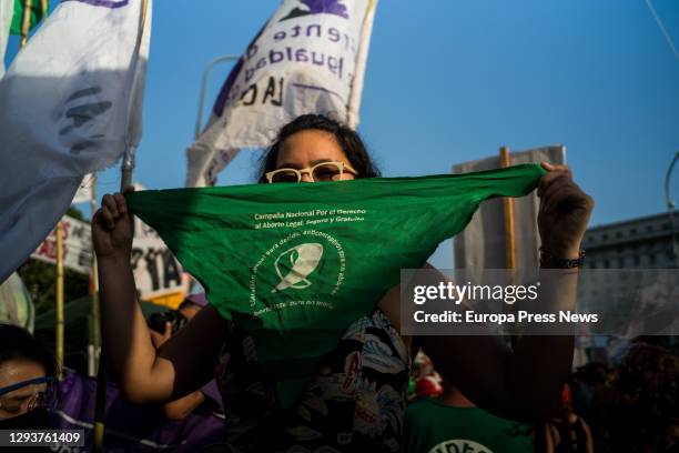 Woman participates in a rally for the legalization and decriminalization of abortion in Argentina, on December 29 in Buenos Aires, Argentina. The...