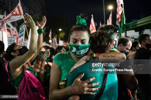 Two women embrace in a rally for the legalization and decriminalization of abortion in Argentina, on December 29 in Buenos Aires, Argentina. The...