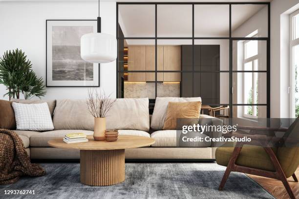 modernes wohnzimmer-interieur - 3d-rendering - apartment kitchen stock-fotos und bilder