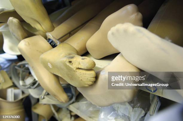 Rows of prosthetic feet, used as templates to create new limbs