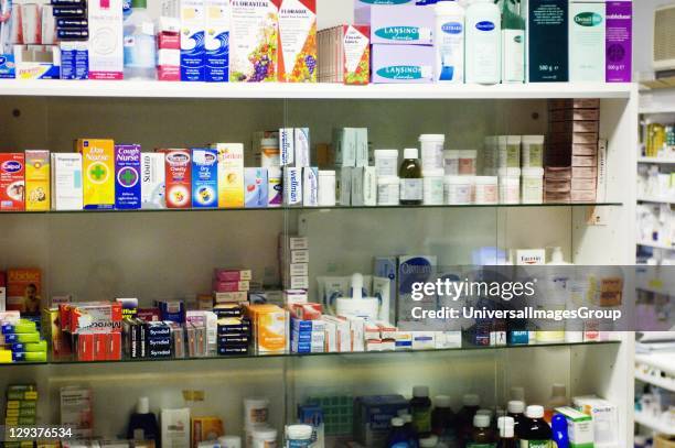 Medicines and pills on shelves of hospital pharmacy