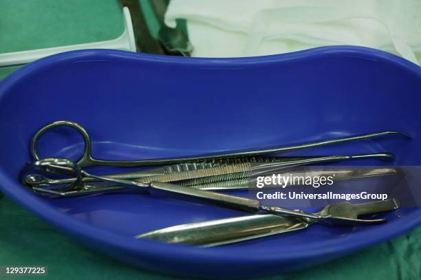 Surgical equipment in kidney dish, high angle view. UK