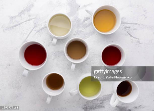 set of cups with tea. different types of tea. - chá branco imagens e fotografias de stock