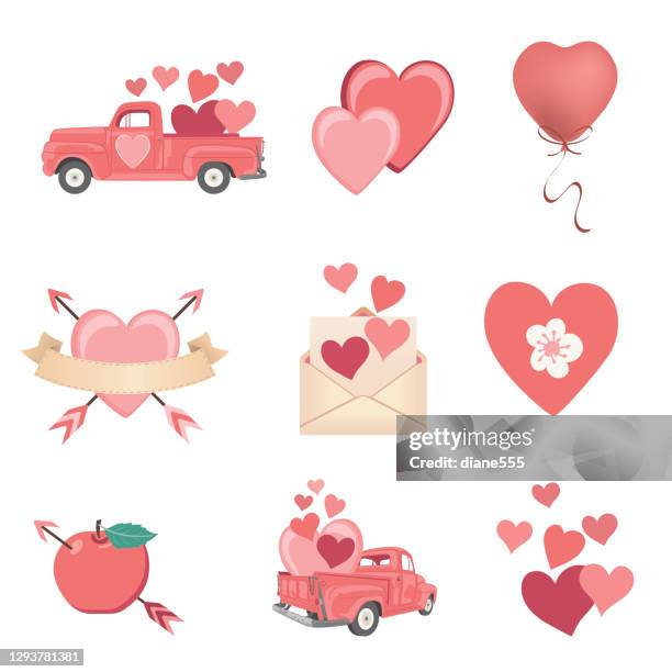 ilustraciones, imágenes clip art, dibujos animados e iconos de stock de lindo conjunto de elementos de diseño del día de san valentín - camion rojo