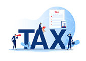 Tax financial analysis; Business People Calculating Document for Taxes Flat Vector Illustration