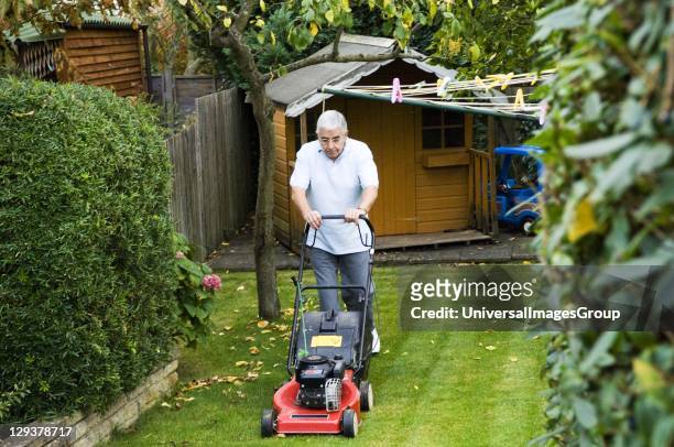 Senior man mowing lawn