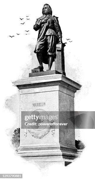 ilustrações, clipart, desenhos animados e ícones de estátua de murillo em madrid, espanha - século xix - bartolome esteban murillo