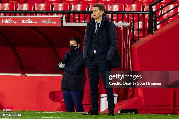 Javi Garcia, head coach of Valencia CF looks on during the La Liga Santander match between Granada CF and Valencia CF at Estadio Nuevo Los Carmenes...