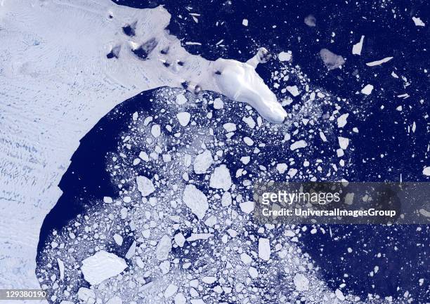 Weddel Sea, Antarctica, true colour satellite image. Pack ice melting in spring time in the Weddel Sea, East of the Antarctica peninsula. Image taken...
