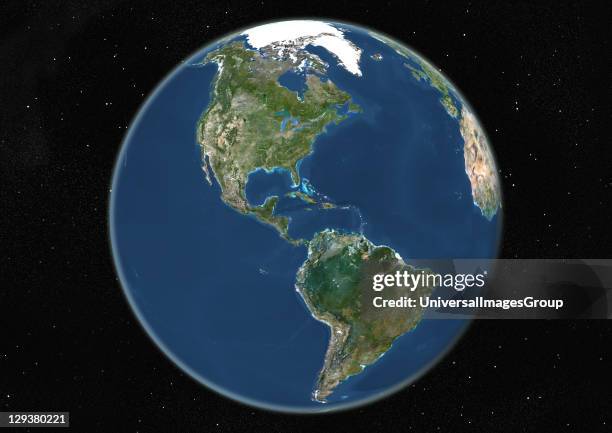 True colour satellite image of the Earth centred on the Americas, during summer solstice at 6 p.m GMT. This image in orthographic projection was...