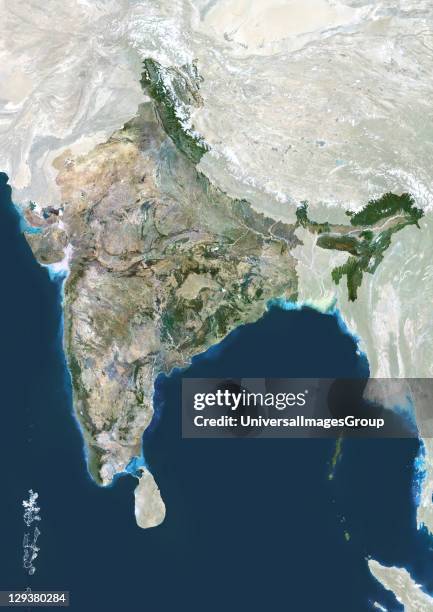 India, true colour satellite image with mask This image was compiled from data acquired by LANDSAT 5 & 7 satellites., India, True Colour Satellite...