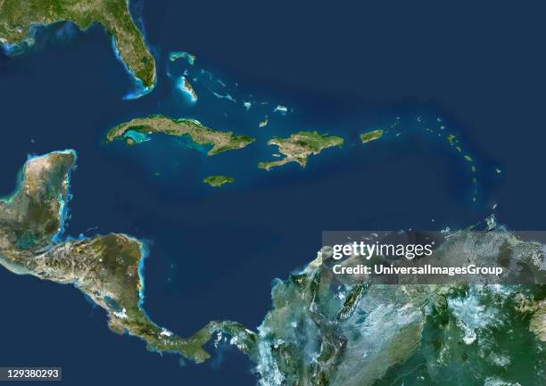 Caribbean Islands, true colour satellite image. This image was compiled from data acquired by LANDSAT 5 & 7 satellites., Caribbean Islands, True...