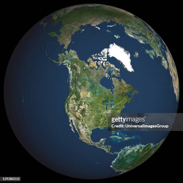 Earth. True colour satellite image of the Earth, centred on North America. The North Pole is at upper centre. Water is blue, vegetation is green,...