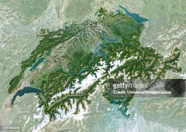 Switzerland, true colour satellite image with mask, North is at top. Water is blue, vegetation is green, urban areas are grey, dry areas are brown,...