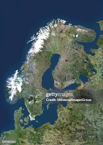 Scandinavia, true colour satellite image. The region comprises the countries of Norway , Sweden and Denmark . However, the term is often used to...